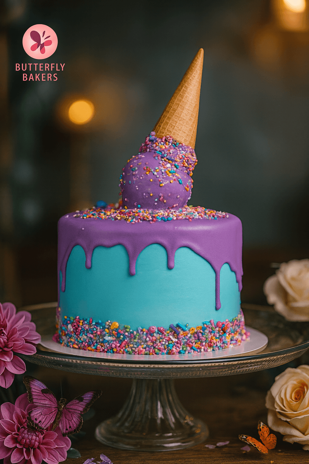 Purple ice cream cone cake