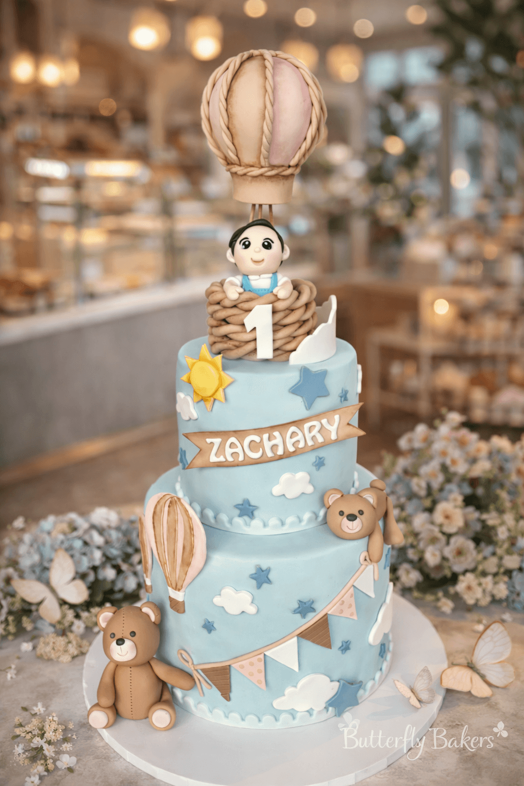 Hot air balloon first birthday cake